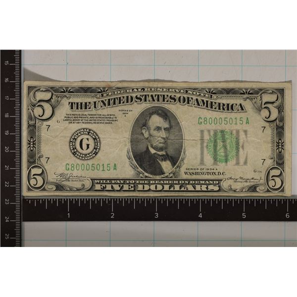 1934-A US $5 GREEN SEAL FEDERAL RESERVE NOTE