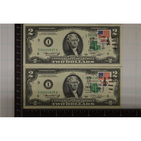 2-1976 US $2 FRN GREEN SEALS, CRISP UNC EACH WITH