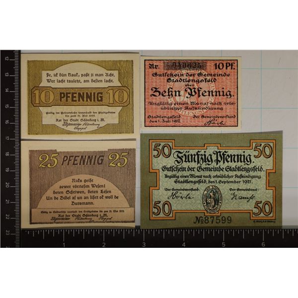 4 GERMAN NOTGELDS: 1917-10 PFENNIGS, 1922-10