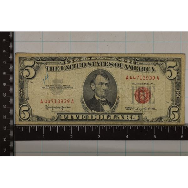 1963 US $5 RED SEAL NOTE WITH INK # ON LEFT OBV