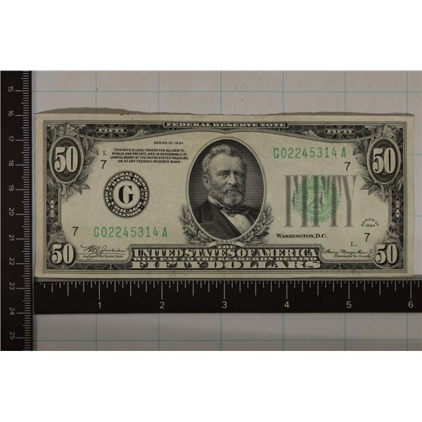 1934 US $50 GREEN SEAL FRN  CRISP AU ONE