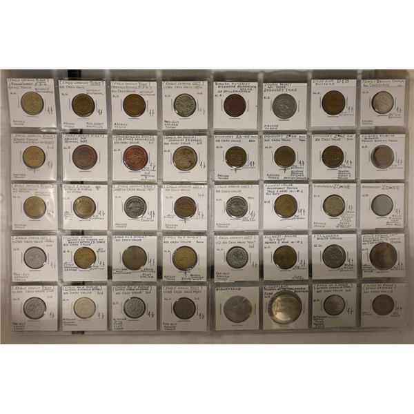 40 ARCADE TOKENS ALL FLIPPED IN PLASTIC PAGES: