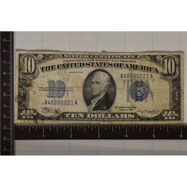 1934 US $10 BLUE SEAL SILVER CERTIFICATE WITH SOME