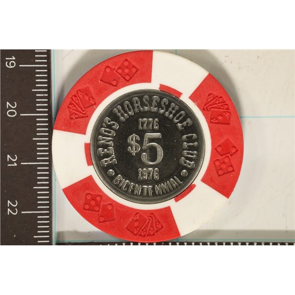 $5 RENO'S HORSESHOE CLUB CASINO CHIP. 1976