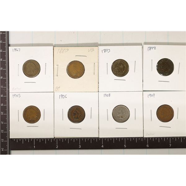 8 ASSORTED INDIAN HEAD CENTS: 1863, 1880, 1893