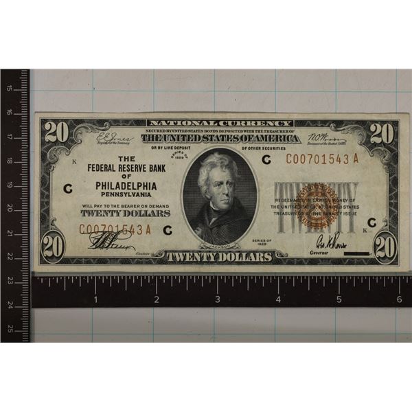 1929 US $20 BANK OF PHILADELPHIA TYP 1 NATIONAL
