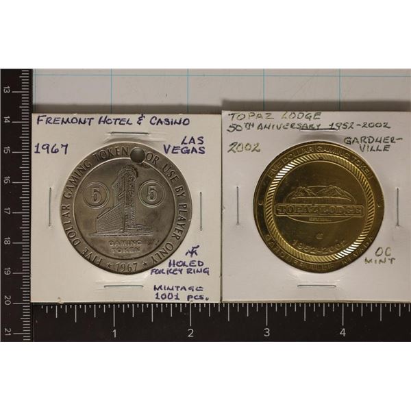 2-$5 METAL CASINO GAMING TOKENS: TOPAZ LODGE AND