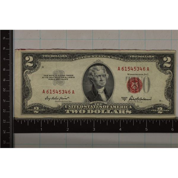 1953-A US $2 RED SEAL NOTE, RED INK ON TOP EDGE