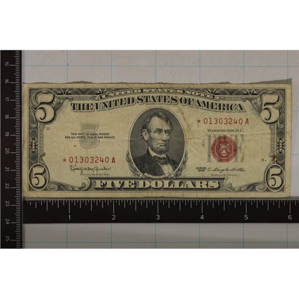 1963 US $5 STAR US RED SEAL NOTE WITH MINOR