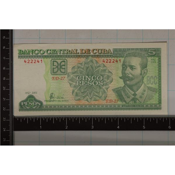 CRISP UNC 2001 BANCO OF CUBA 5 PESO BILL
