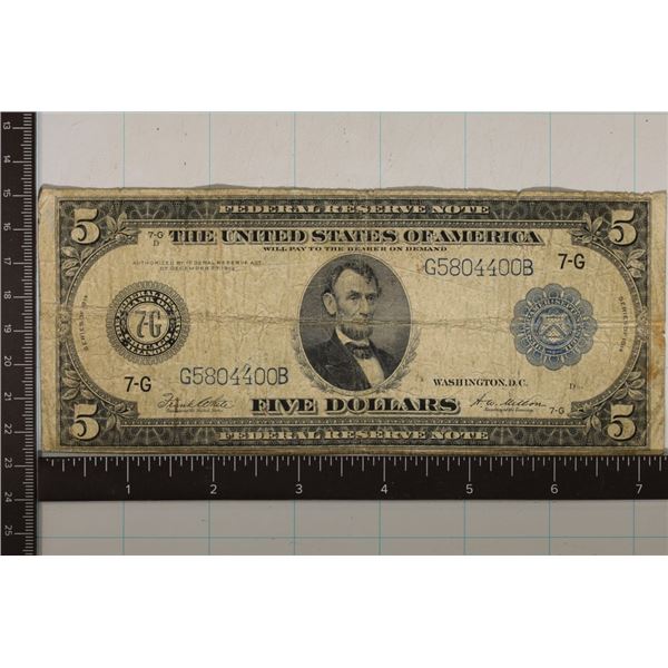 SERIES 1914 US $5 LARGE SIZE FRN BLUE SEAL HORSE