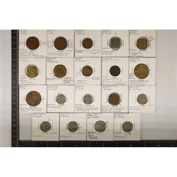 19 FORIEGN ERROR COINS: 8-CEYLON, 5-SWEDEN & 6