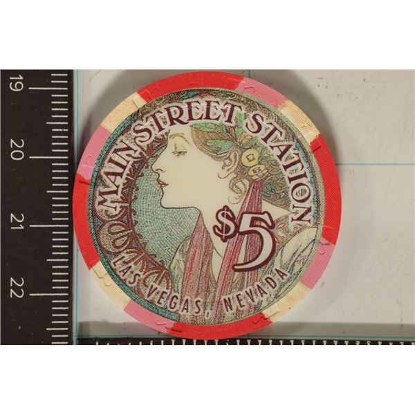 $5 MAIN STREET STATION CASINO CHIP. LAS VEGAS