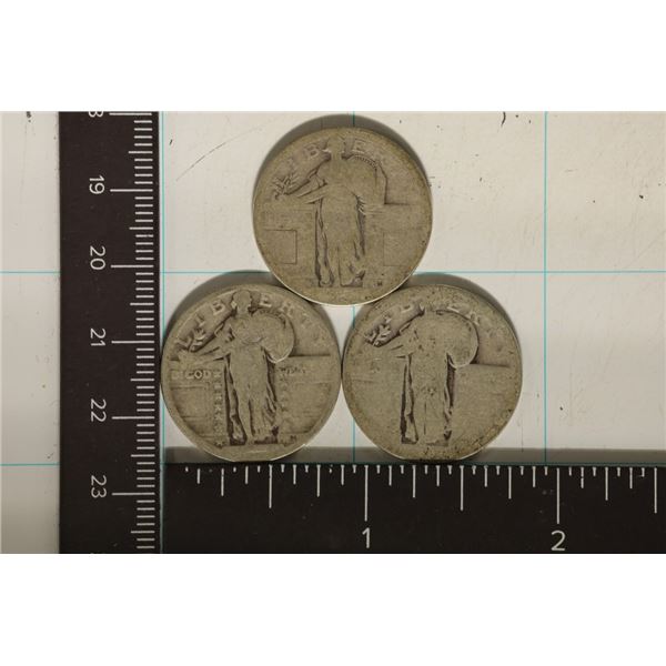 3 SILVER STANDING LIBERTY QUARTERS. NO DATES