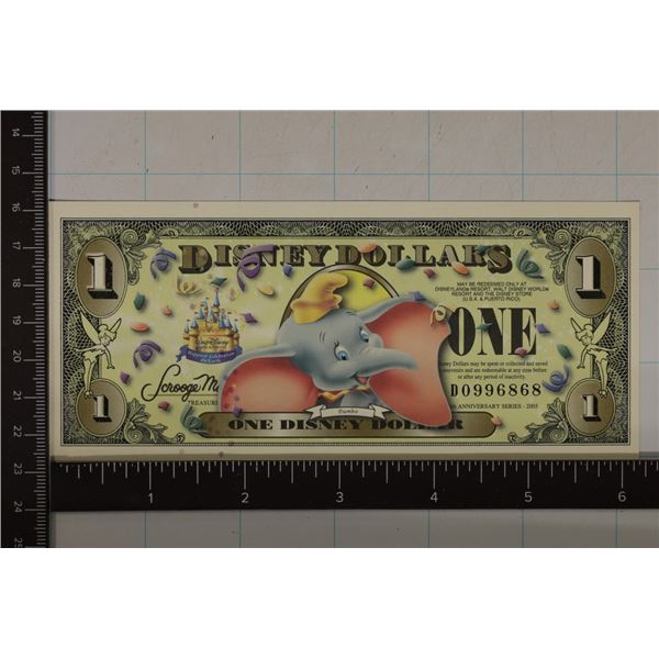 2005 DISNEY $1 CRISP UNC COLORIZED BILL "DUMBO"