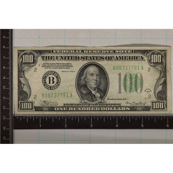 1934-A US $100 GREEN SEAL FRN BILL EXTRA FINE WITH