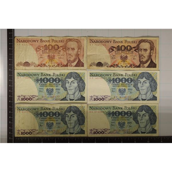 6-POLAND BILLS: 1979 & 1986-100 ZLOTYCH AND 4-1982