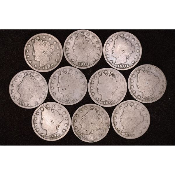 10 ASSORTED LIBERTY "V" NICKELS: 1900-1912-D