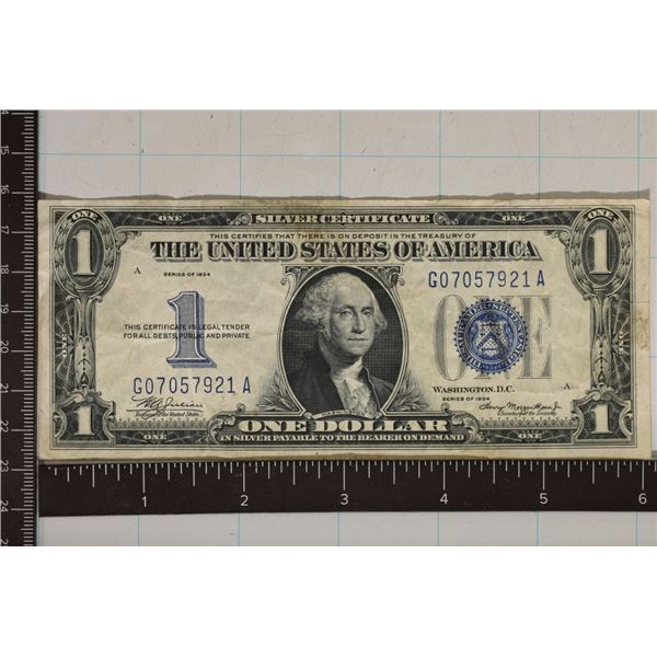 1934 US $1 SILVER CERT "FUNNY BACK" BLUE SEAL