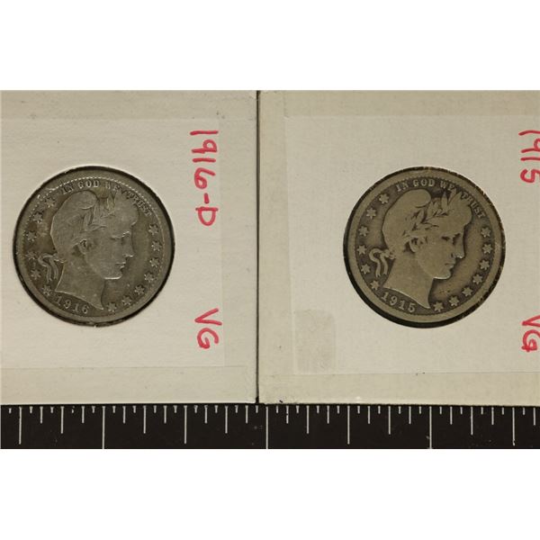 1915 & 1916-D SILVER BARBER QUARTERS G+