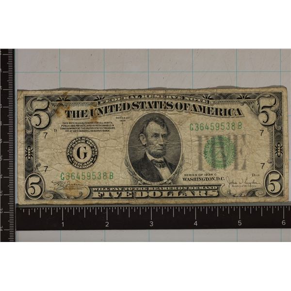 1934-C US $5 FRN GREEN SEAL SOME STAINING