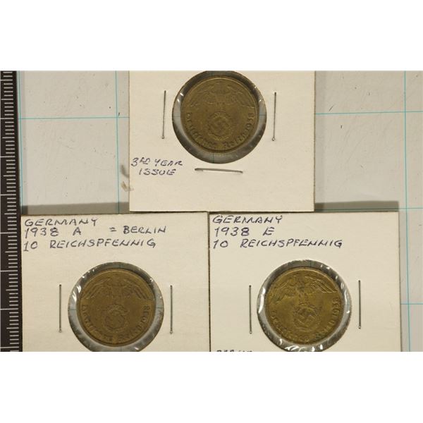 1938-A/E/G GERMAN 10 PFENNING COINS WITH SWASTIKAS