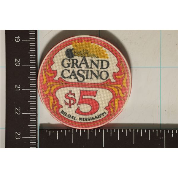 $5 GRAND CASINO CASINO CHIP. BILOXI, MISSISSIPPI