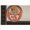 Image 1 : $5 GRAND CASINO CASINO CHIP. BILOXI, MISSISSIPPI