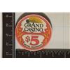 Image 2 : $5 GRAND CASINO CASINO CHIP. BILOXI, MISSISSIPPI