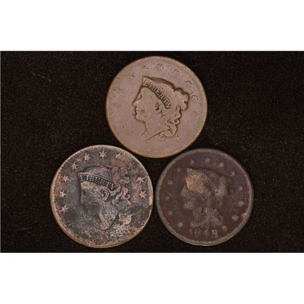 3 US LARGE CENTS: 1 NO DATE 1837 & 1848