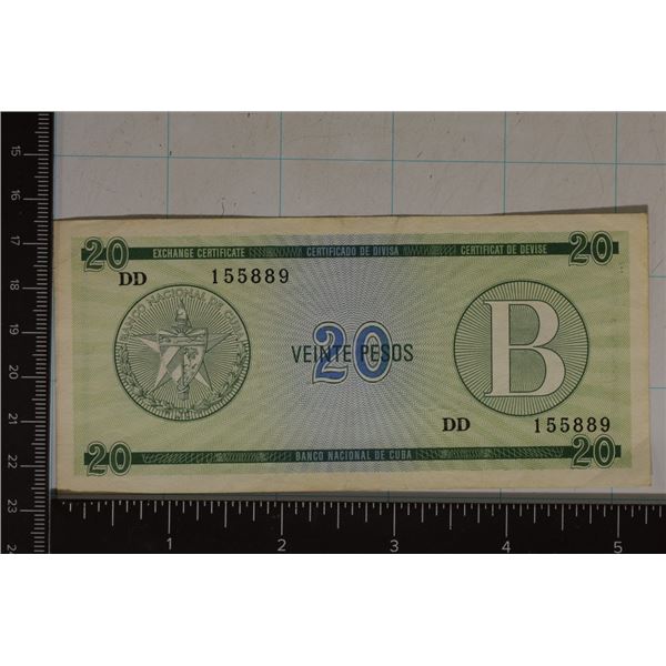 1985 CUBA 20 PESO EXCHANGE CERTIFICATE. CRISP