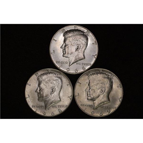 1966, 68-D & 1969-D 40% SILVER JFK HALVES. UNC