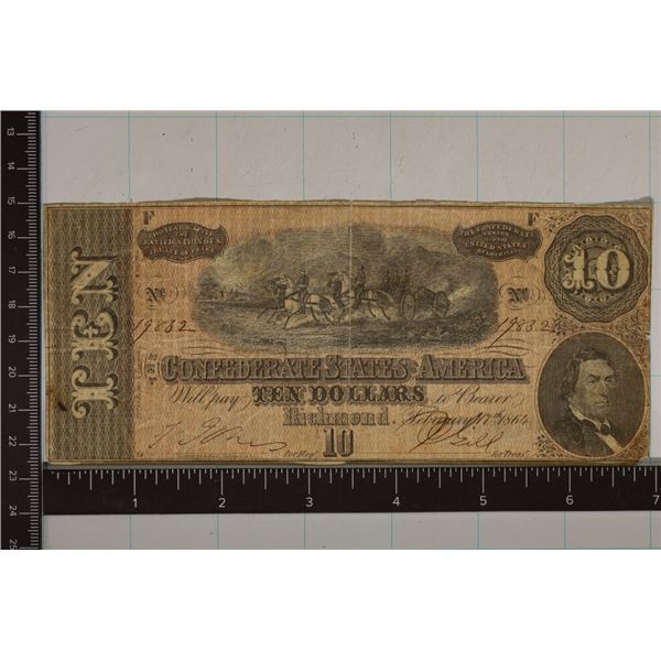 1864 CONFEDERATE STATE OF AMERICA $10 OBSOLLETE