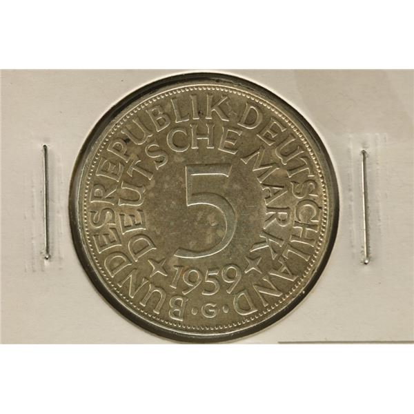 1959-G GERMAN SILVER AU/UNC 5 MARK .2251 OZ. ASW