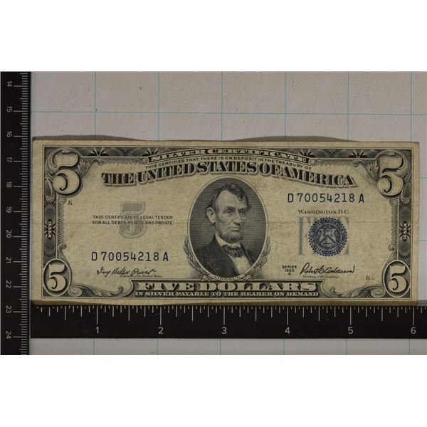 1953-A US $5 SILVER CERT, BLUE SEAL