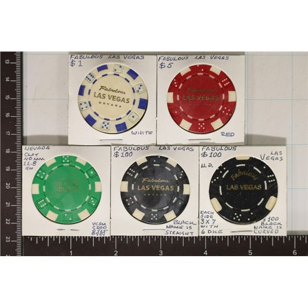 5 FABULOUS LAS VEGAS CLAY CASINO CHIPS: 1-$1, 1-$5