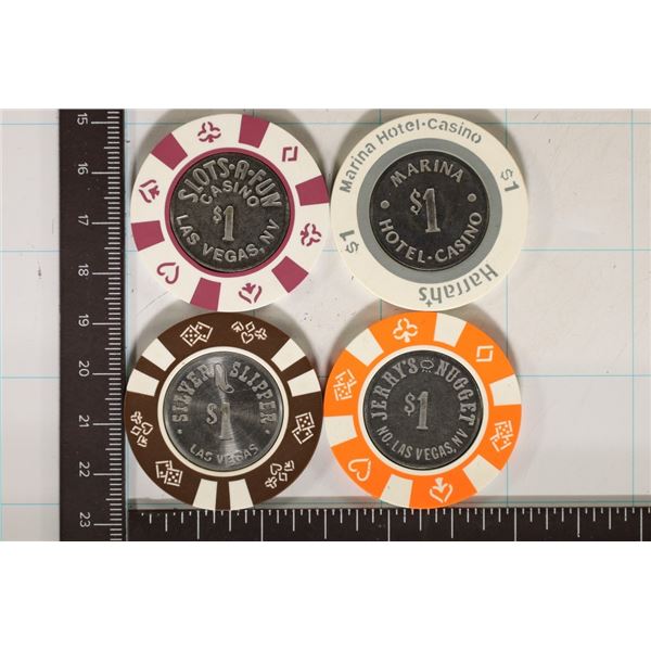 4-$1 PLASTIC CASINO CHIPS WITH METAL INSERTS: