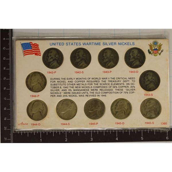 11 US 35% SILVER WAR NICKELS IN CARDBOARD HOLDER