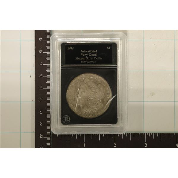 1902 MORGAN SILVER DOLLAR, CRACKED HOLDER