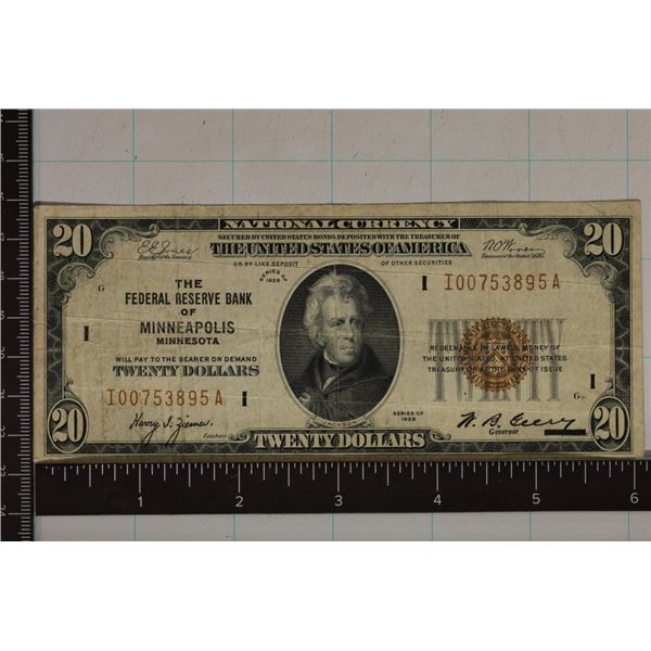 1929 US $20 NATIONAL CURRENCY, BROWN SEAL. TYPE 1