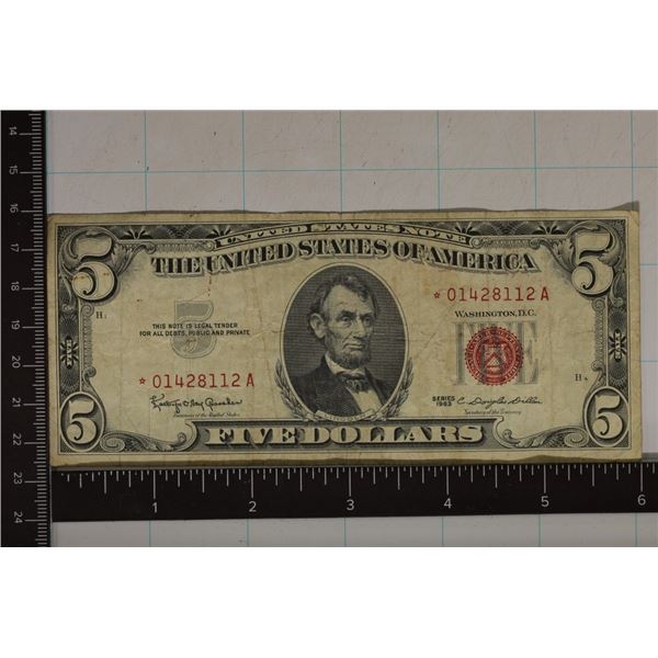 1963 US $5 STAR NOTE RED SEAL