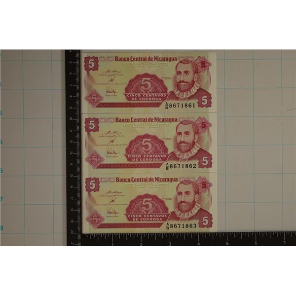 3-NICARAGUA 5 CORDOBA  CRISP UNC COLORIZED BILLS
