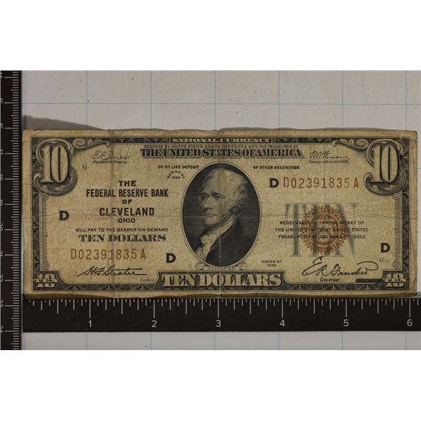 1929 US $10 NATIONAL CURRENCY, BROWN SEAL. TYPE 1