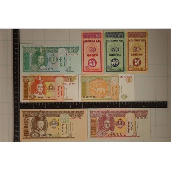 8 MONGOLIA BILLS: 1 SET OF 10,20 & 50 MONGOS & 1
