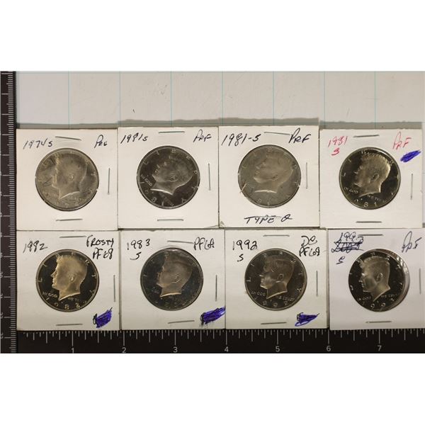 8 PROOF JFK HALF DOLLARS:1974-S, 3-1981-S, 1982-S