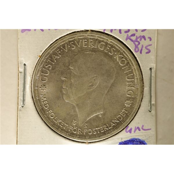 1945 SWEDEN SILVER AU/UNC 2 KRONER .18 OZ. ASW