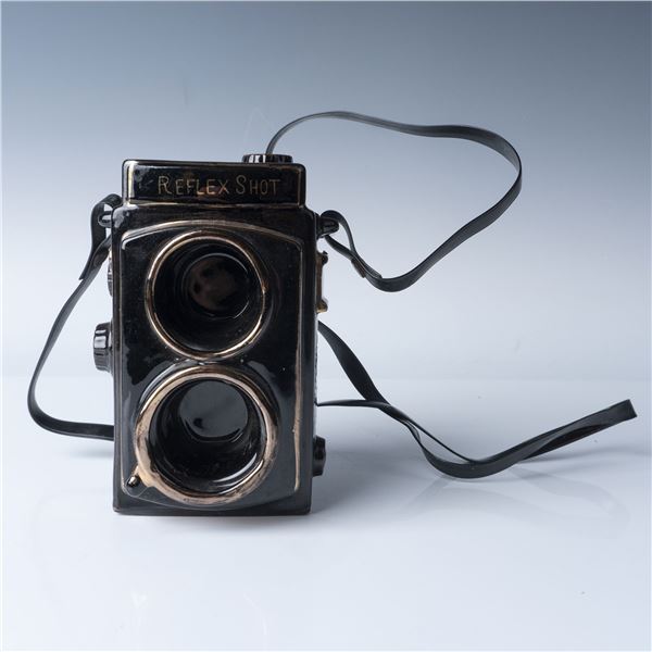 Ceramic Reflex Camera Figurine, Black and Copper Tone