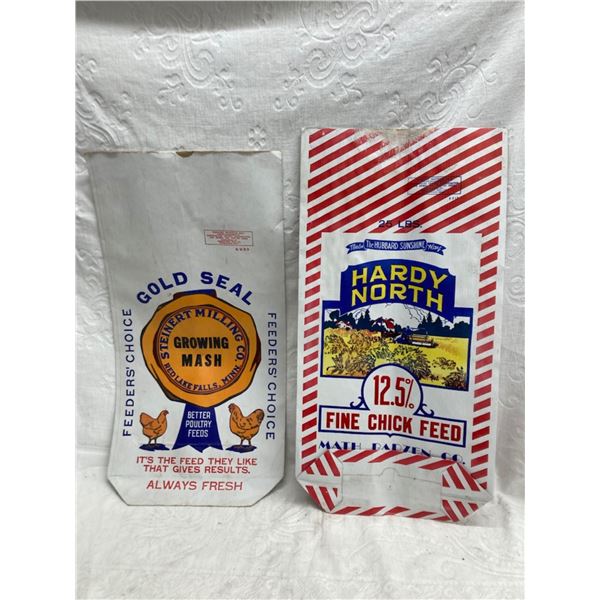 TWO VINTAGE CHICK FEED BAGS