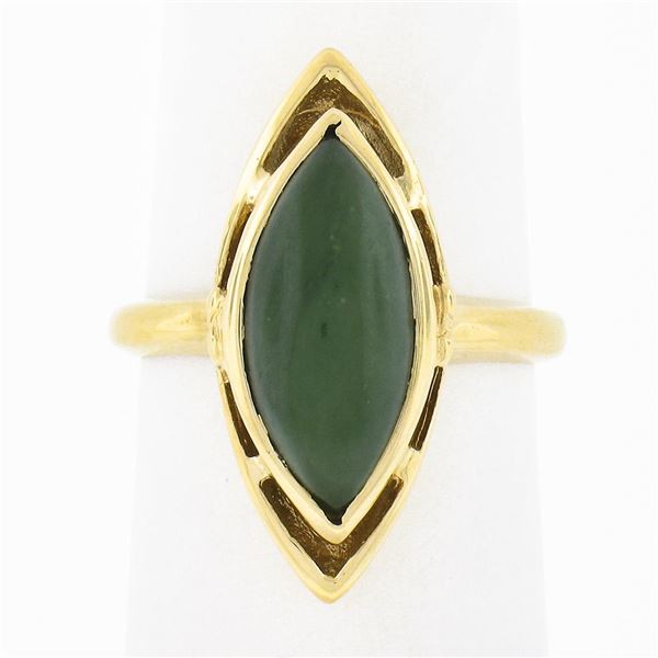 14K Yellow Gold Bezel Marquise Cabochon Jade Open Frame Simple Solitaire Ring