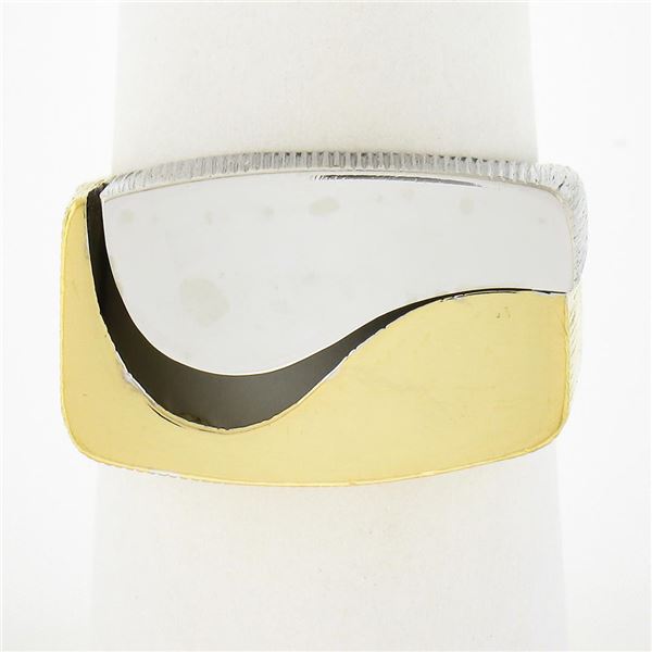 Vintage Swiss 18K Gold Ying Yang Ring w/ Engravable Rectangular & Textured Sides